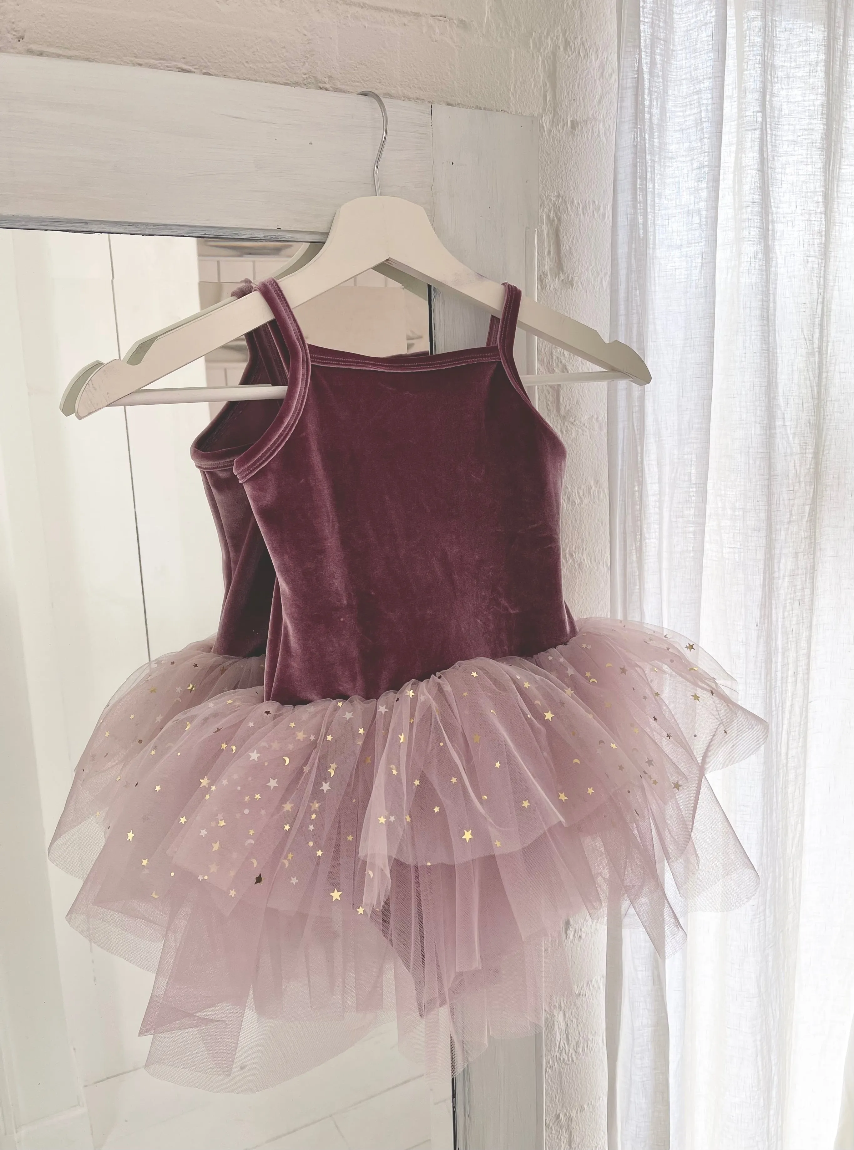 DOLLY® VELVET LEOTARD ROMPER TUTU DRESS STARS & MOON ⭐️ 🌙TULLE dusty violet