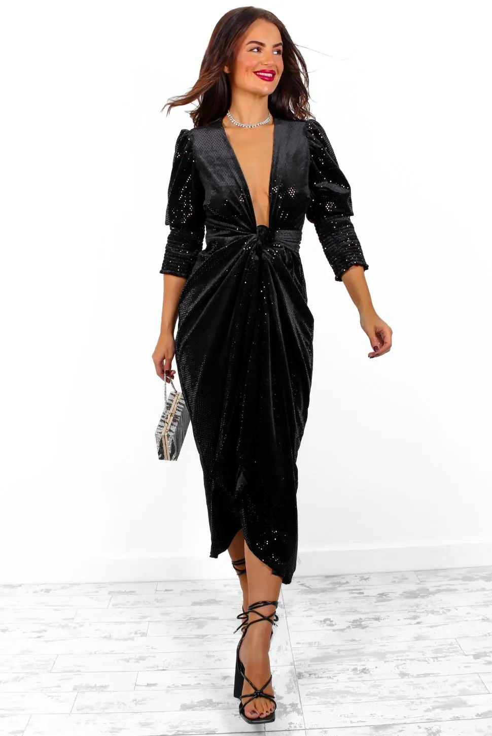 Drive Em Wild - Black Velvet Black Sequin Midi Wrap Dress