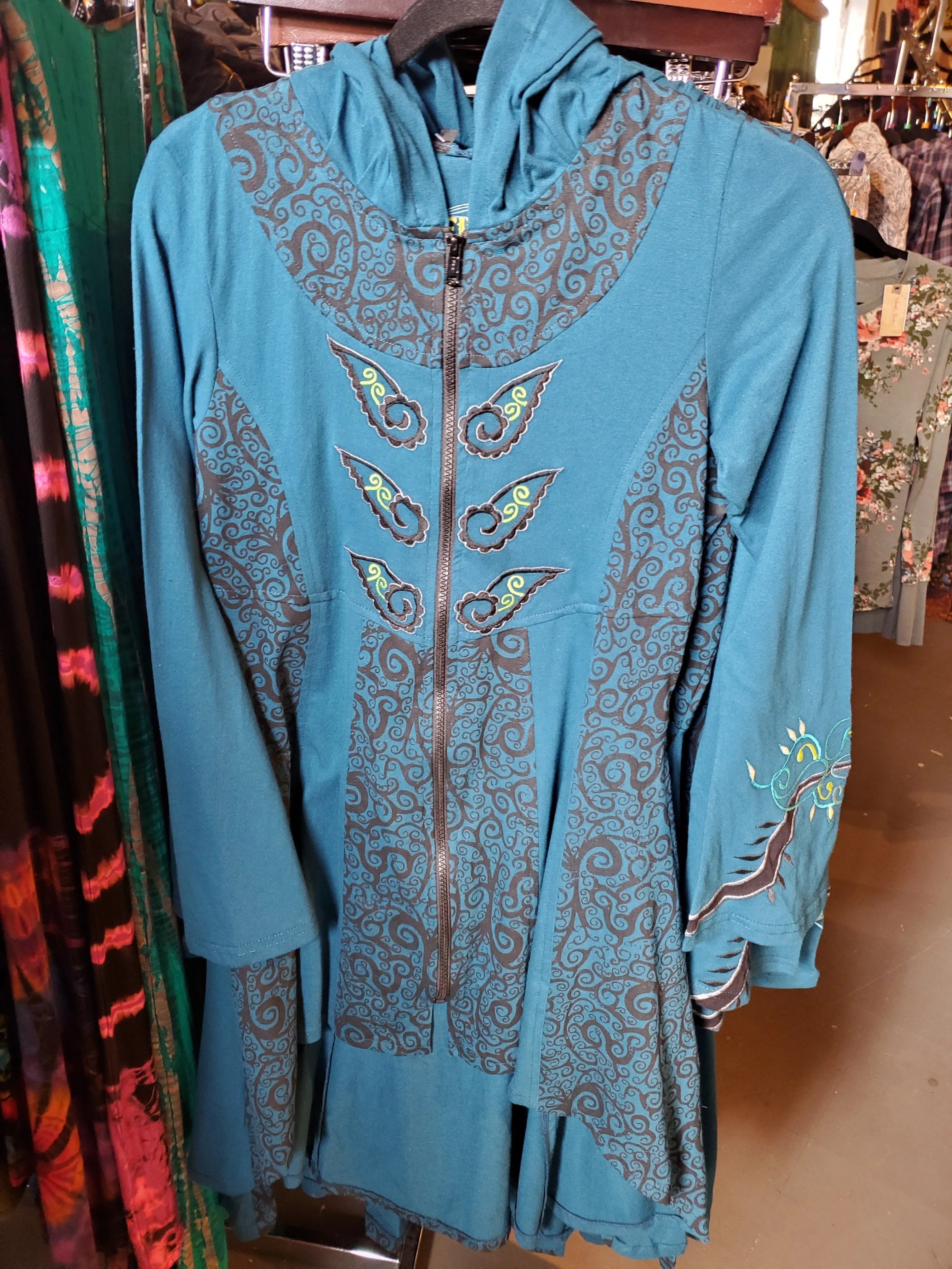 Embroidered Cotton Jersey Tunic Jacket with Hood and Pockets