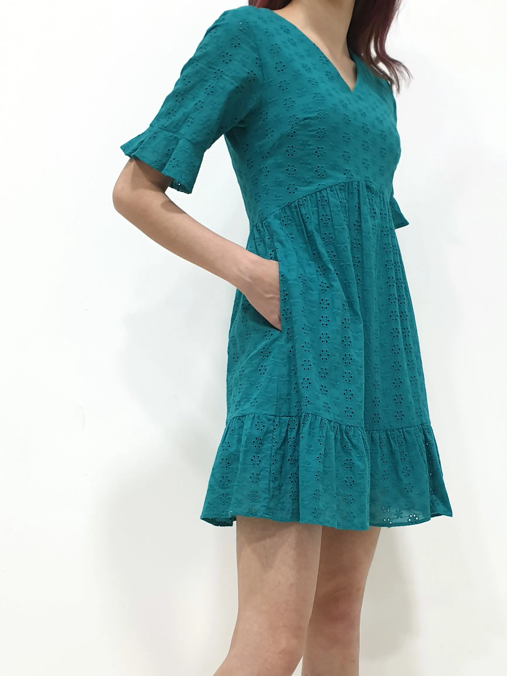 Eyelet Babydoll Dress - Teal (Non-returnable)