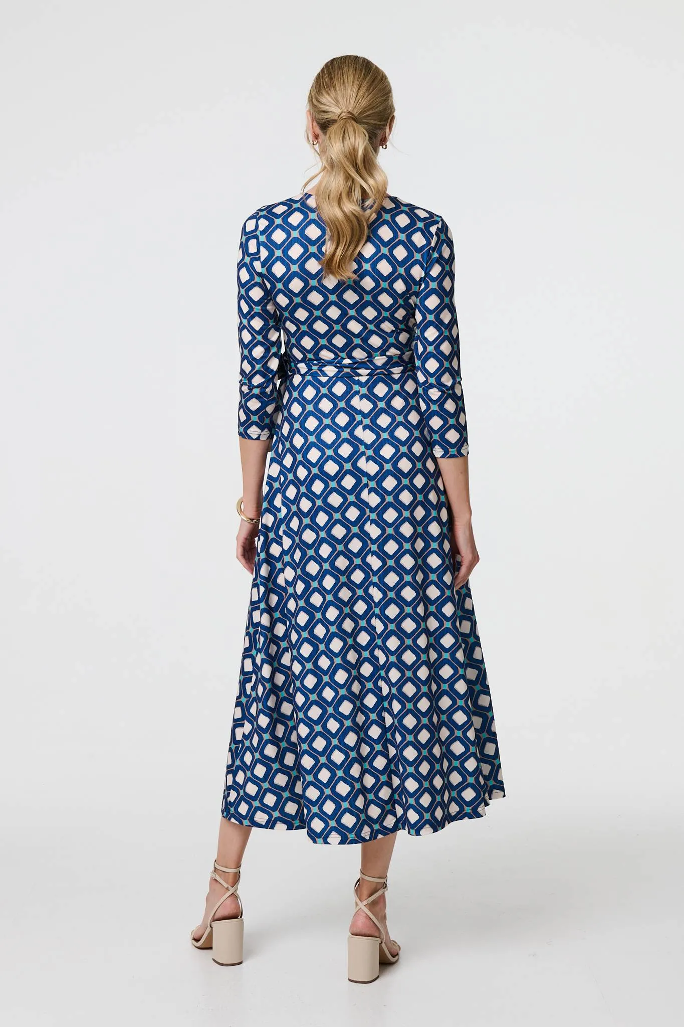 Geo Print 3/4 Sleeve Midi Wrap Dress