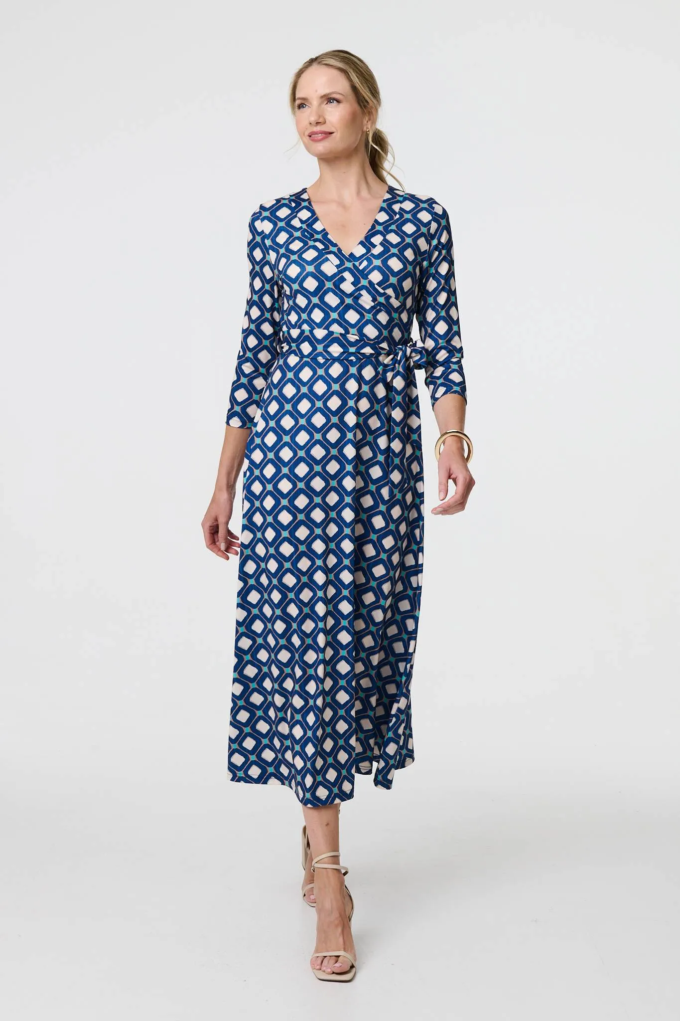 Geo Print 3/4 Sleeve Midi Wrap Dress