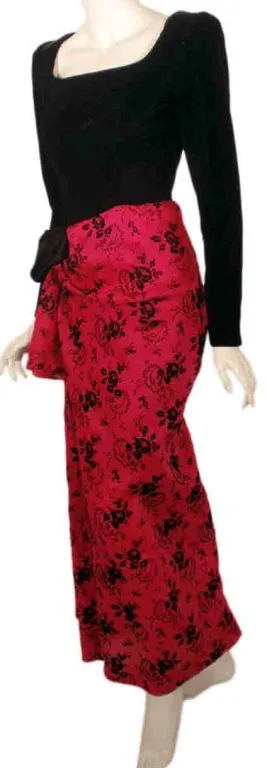 GIVENCHY 1980s Black Velvet Long Sleeve with Drape Pink Gown Size 4