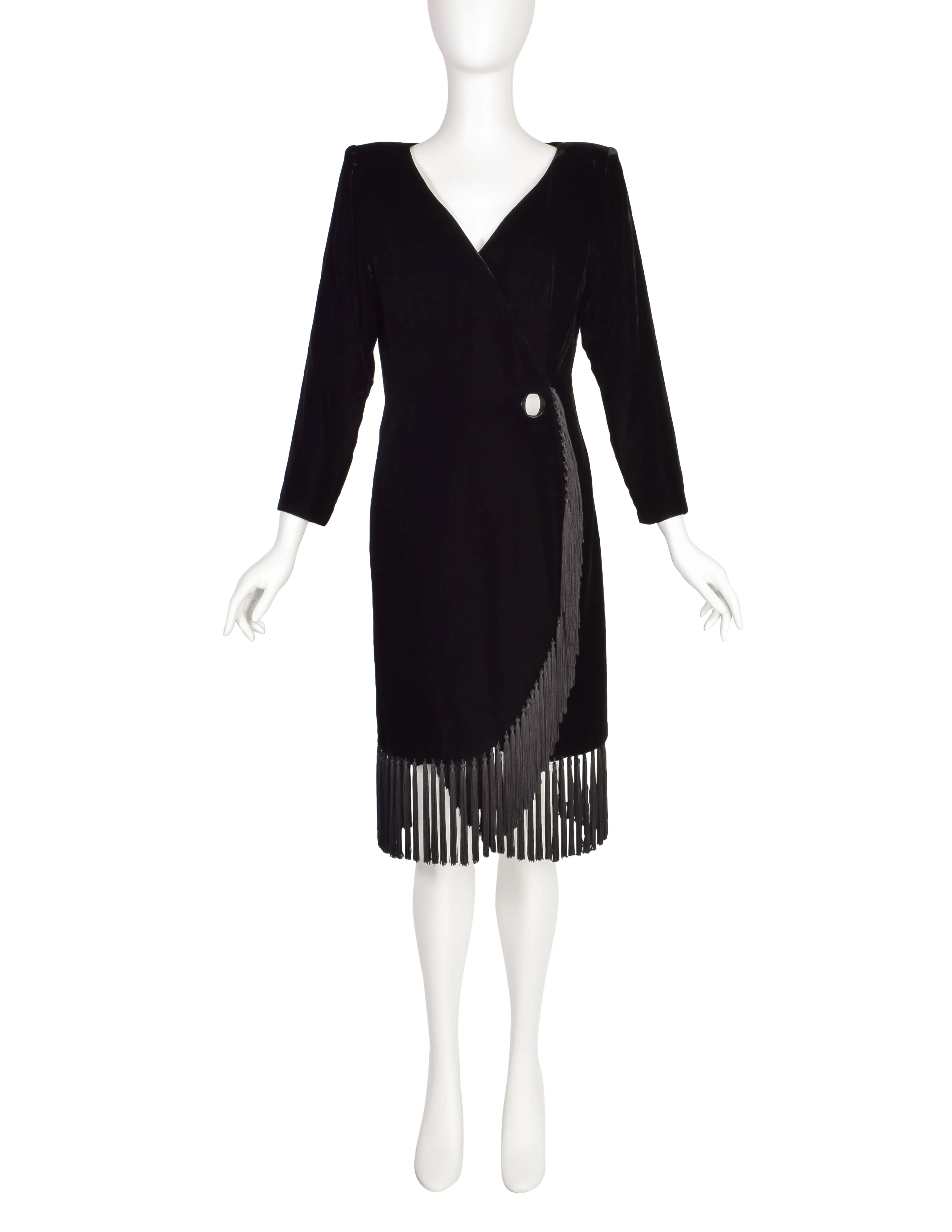 Givenchy Vintage Black Silk Velvet Tassel Fringe Wrap Dress