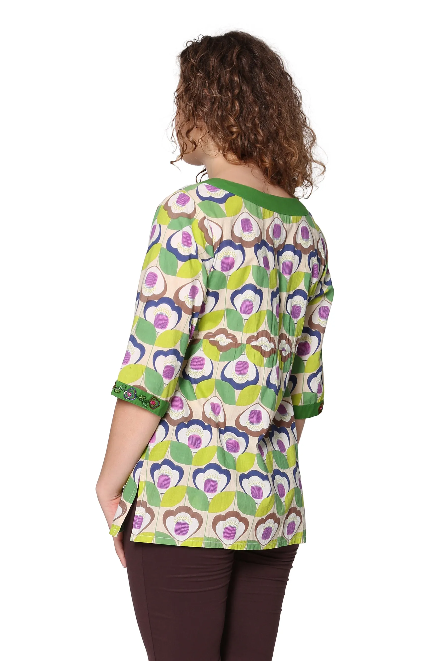 Green Floral Cotton Voile Embroidered Tunic