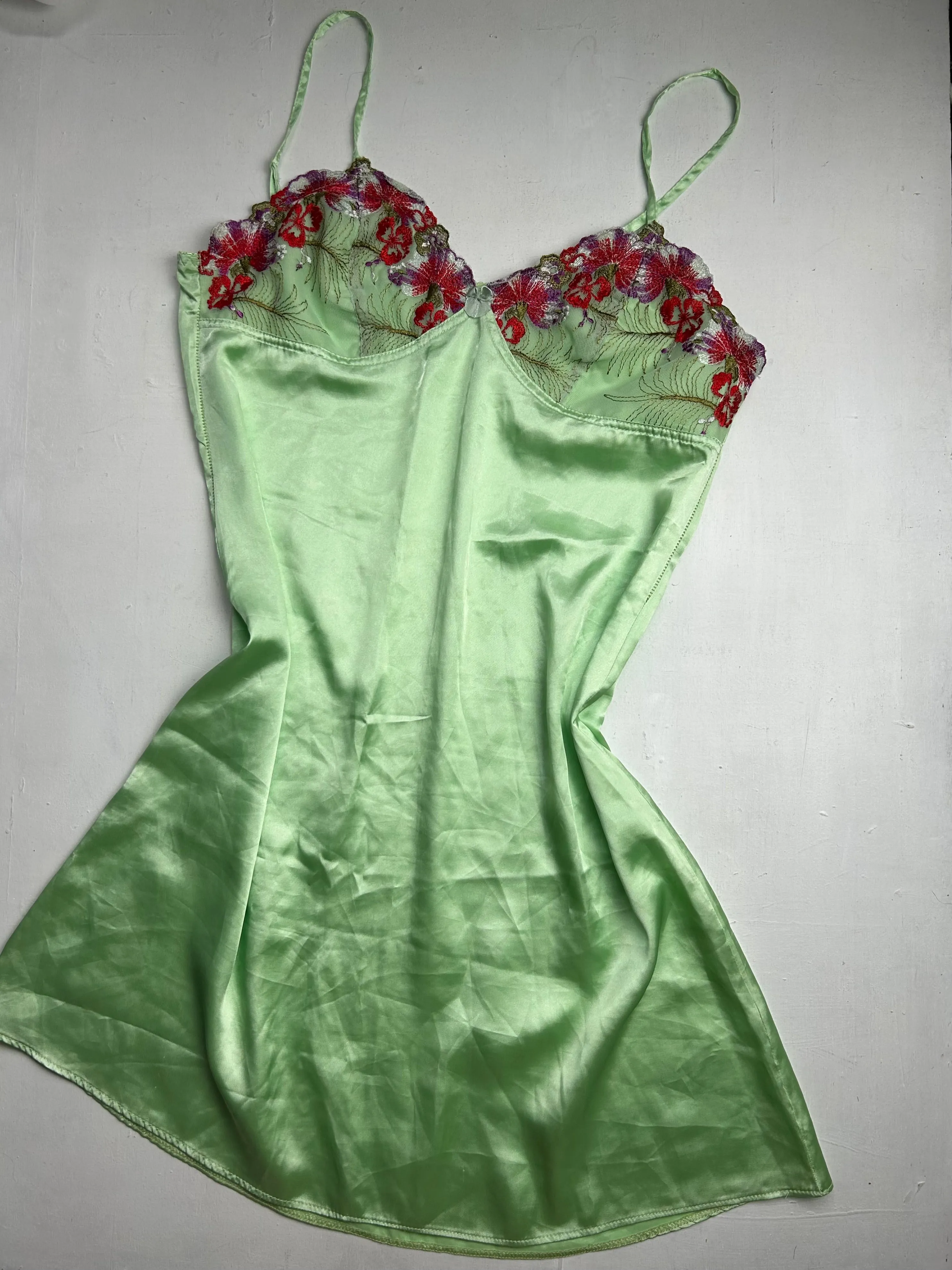 Green silk embroidered floral print babydoll dress (M/L)