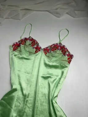 Green silk embroidered floral print babydoll dress (M/L)