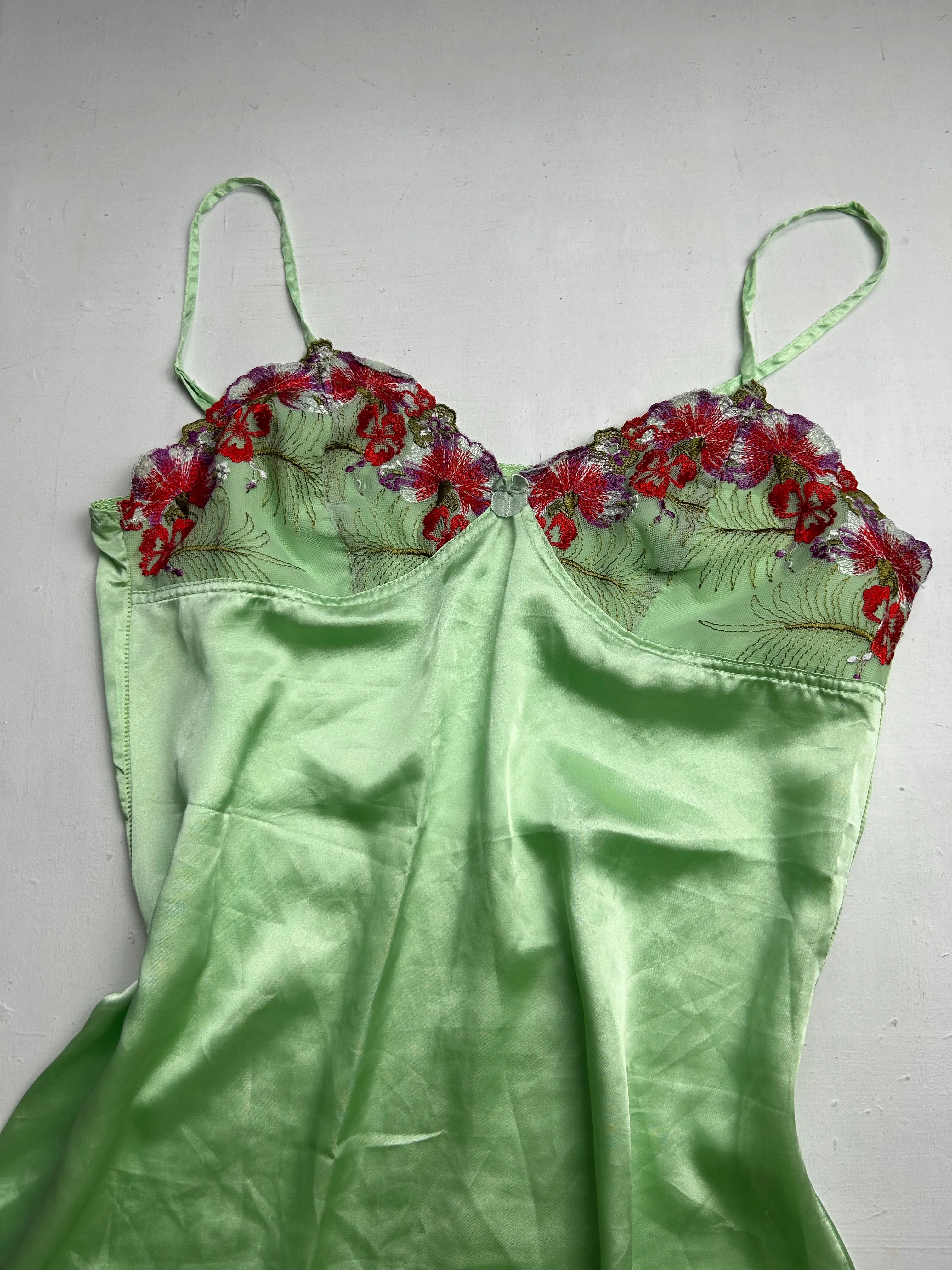 Green silk embroidered floral print babydoll dress (M/L)