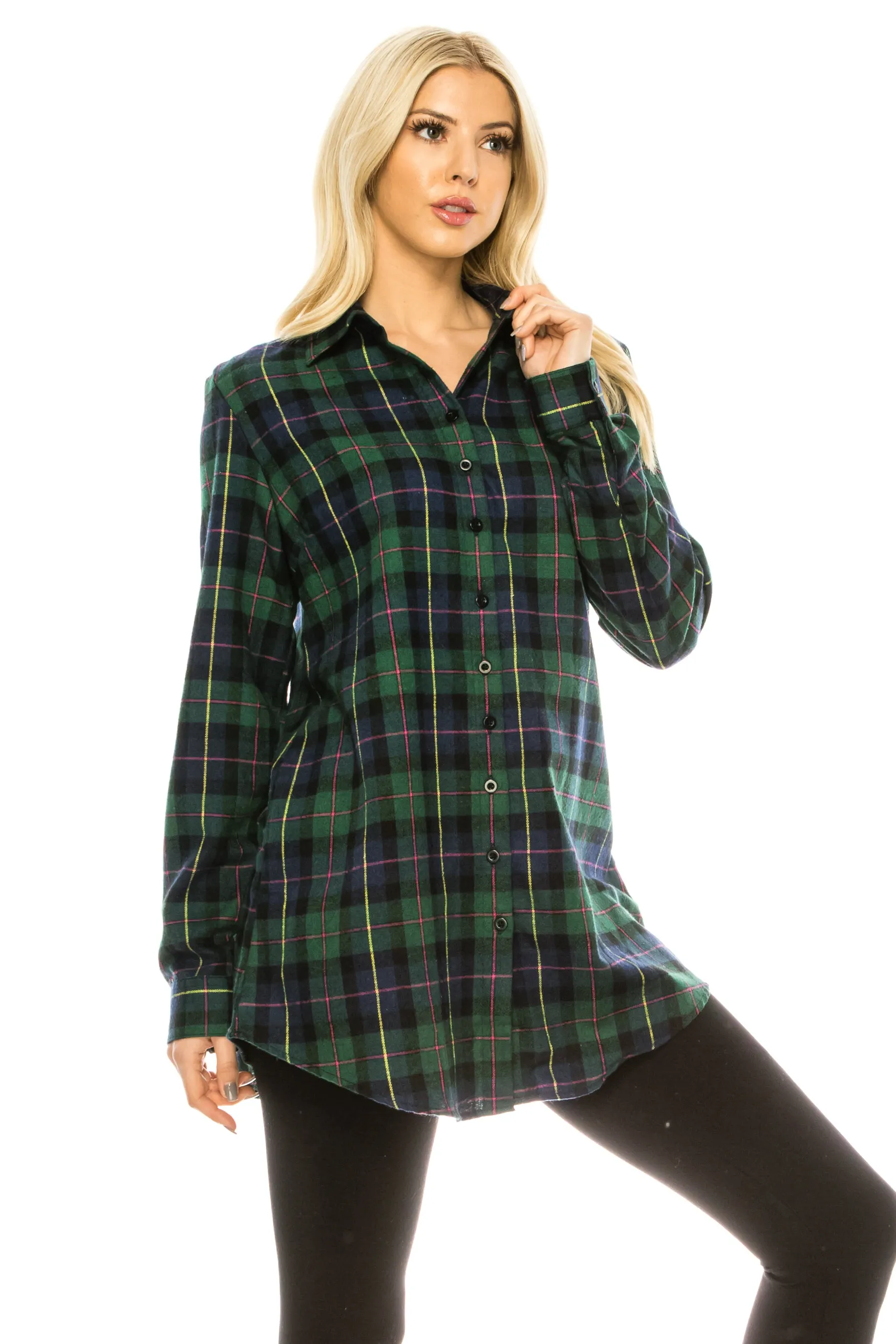 Haute Edition Women's Long Button Down Flannel Tunic Shirt with Plus