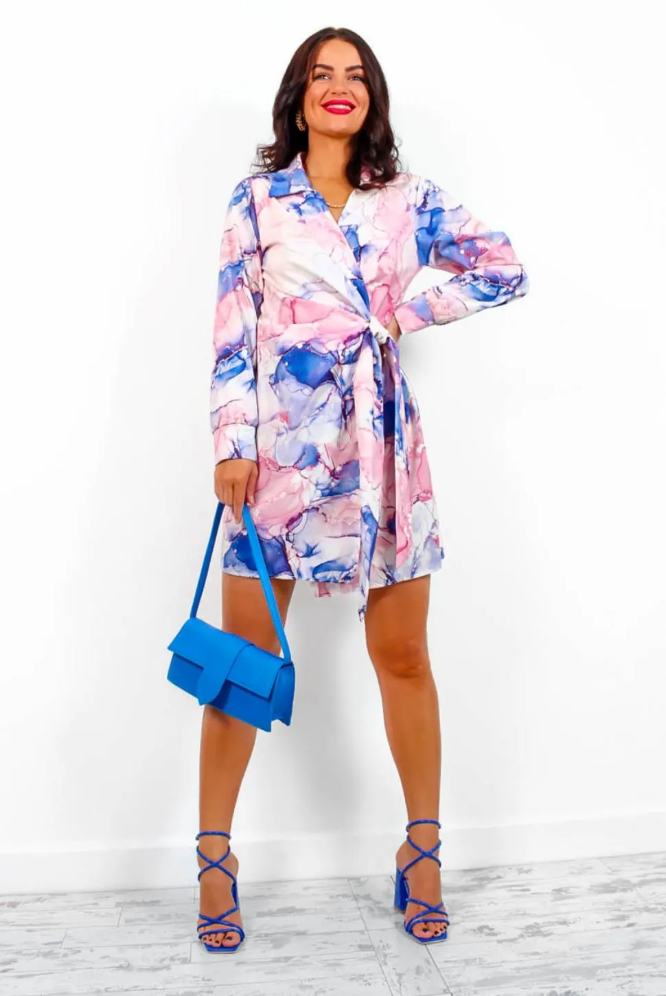 Heart Of Stone - Pink Blue Marble Print Mini Wrap Dress