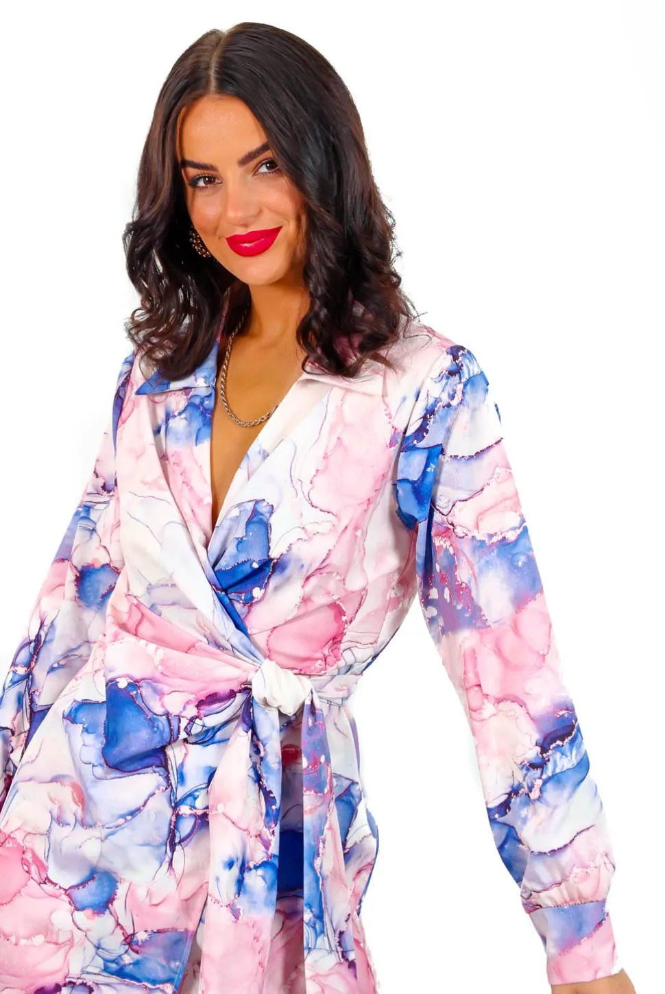 Heart Of Stone - Pink Blue Marble Print Mini Wrap Dress