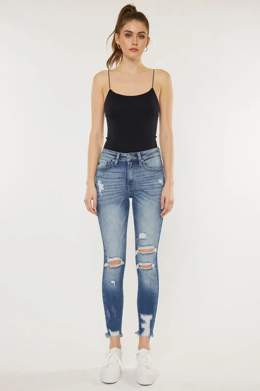 High Rise Fray Hem Ankle Skinny