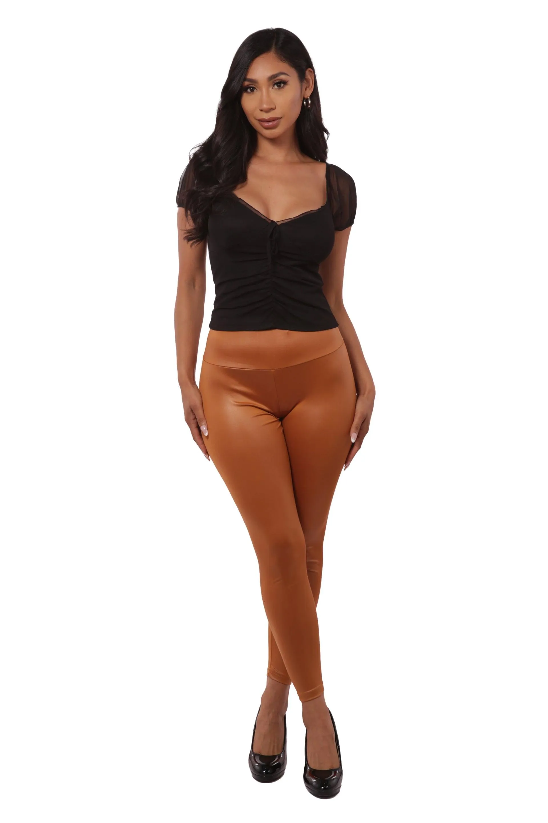 High Waist Scrunch Butt PU Faux Leather Leggings - Camel Brown