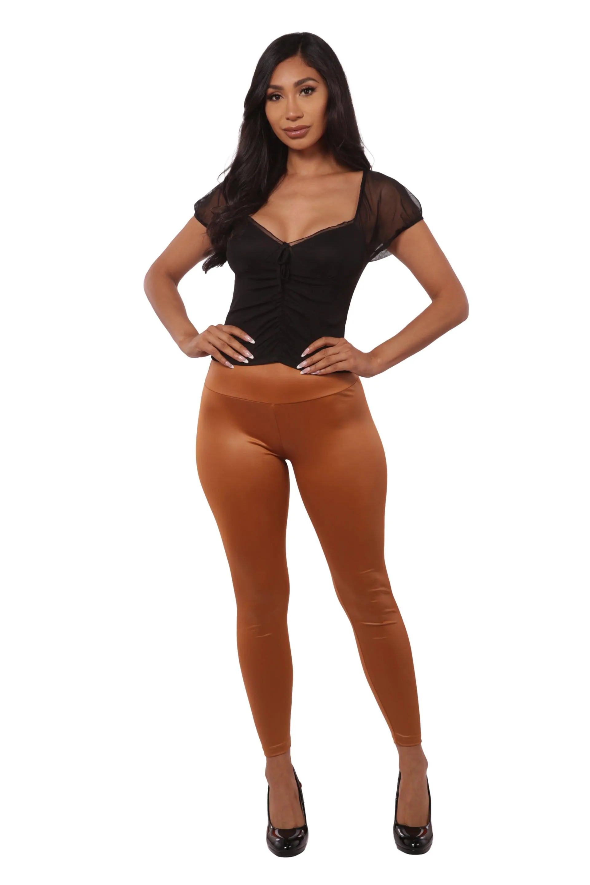 High Waist Scrunch Butt PU Faux Leather Leggings - Camel Brown