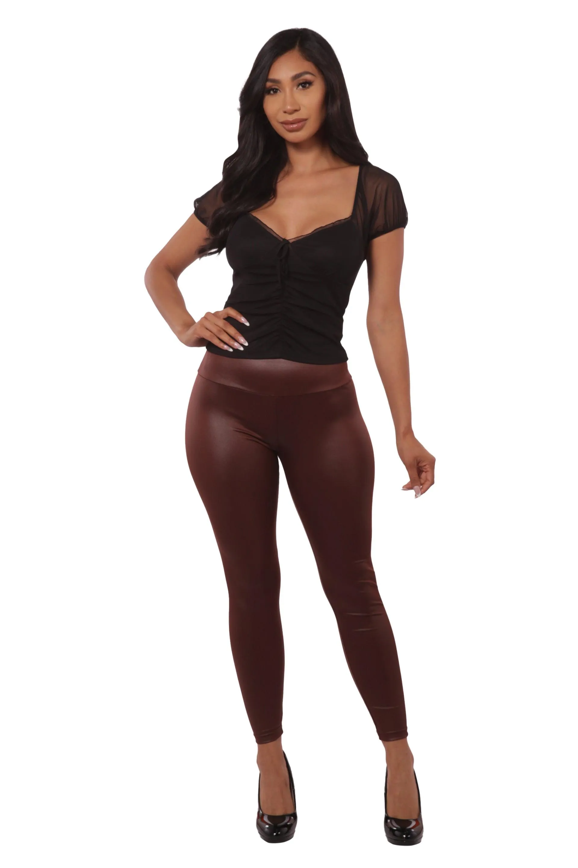 High Waist Scrunch Butt PU Faux Leather Leggings - Chocolate Brown