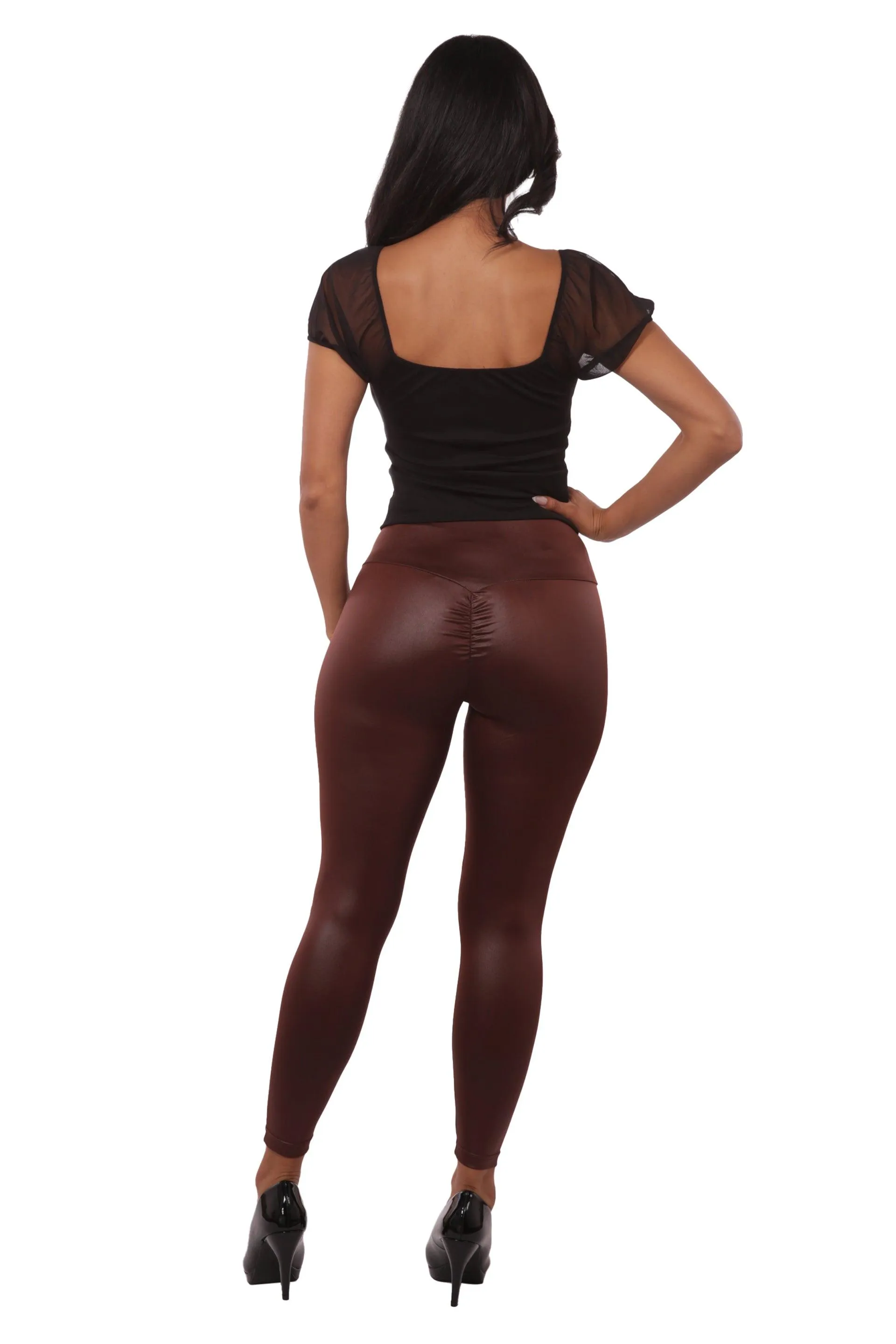 High Waist Scrunch Butt PU Faux Leather Leggings - Chocolate Brown