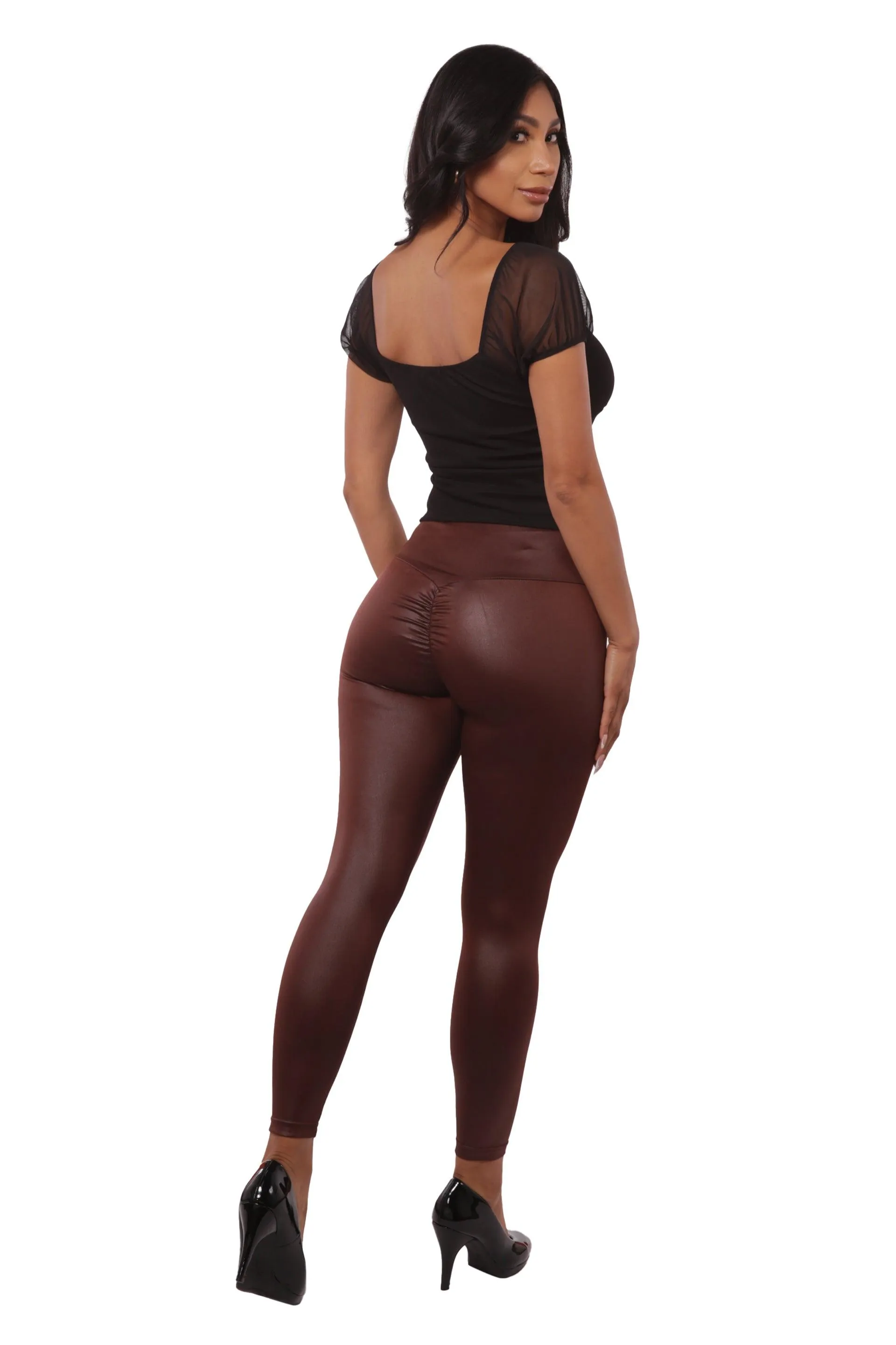 High Waist Scrunch Butt PU Faux Leather Leggings - Chocolate Brown