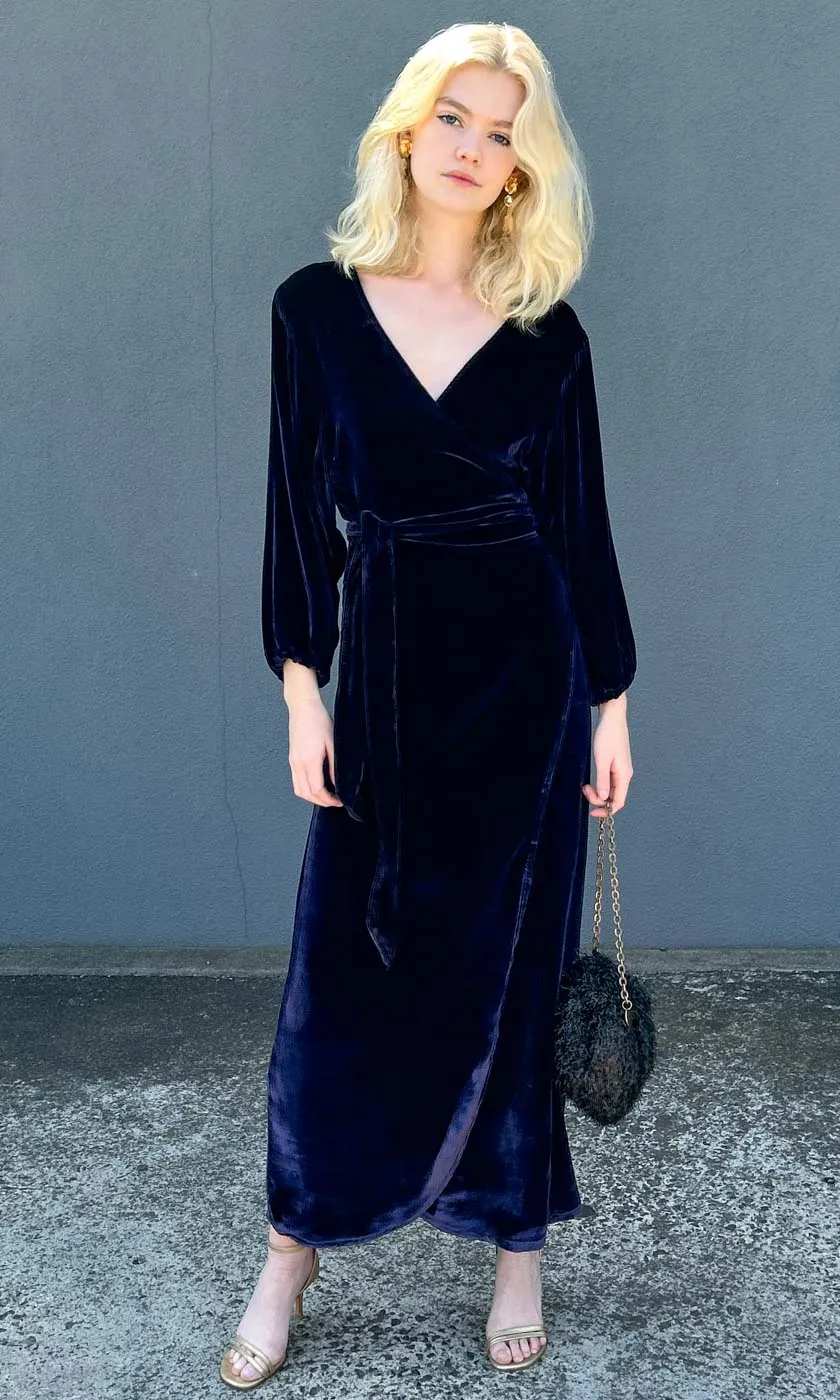 HOSS Royal Blue Velvet Silk Wrap Dress