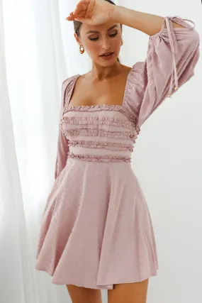 Illia Three-Quarter Balloon Sleeve Frill Bodice Dress Mauve