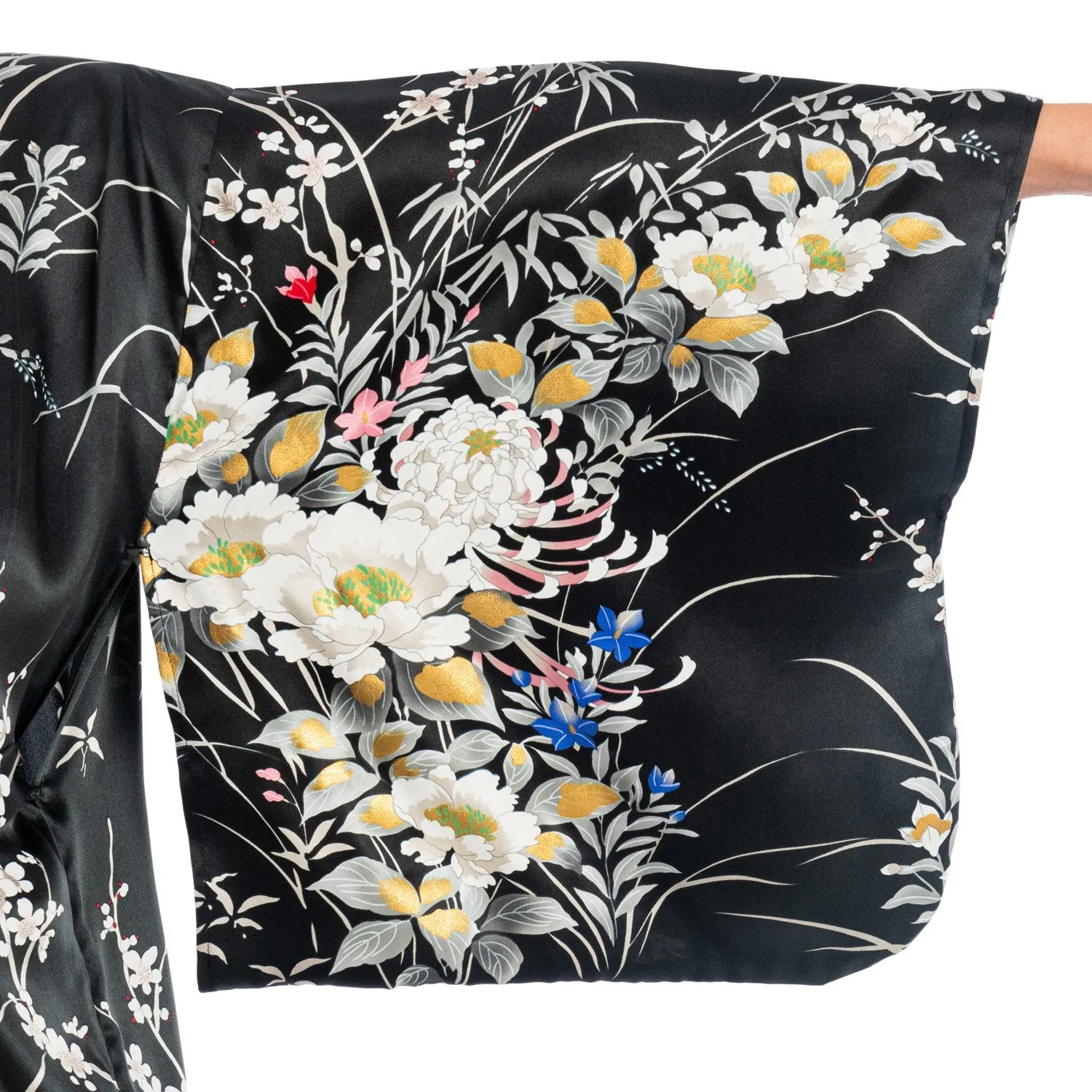 Japanese Silk Kimono Floral Print Long Black