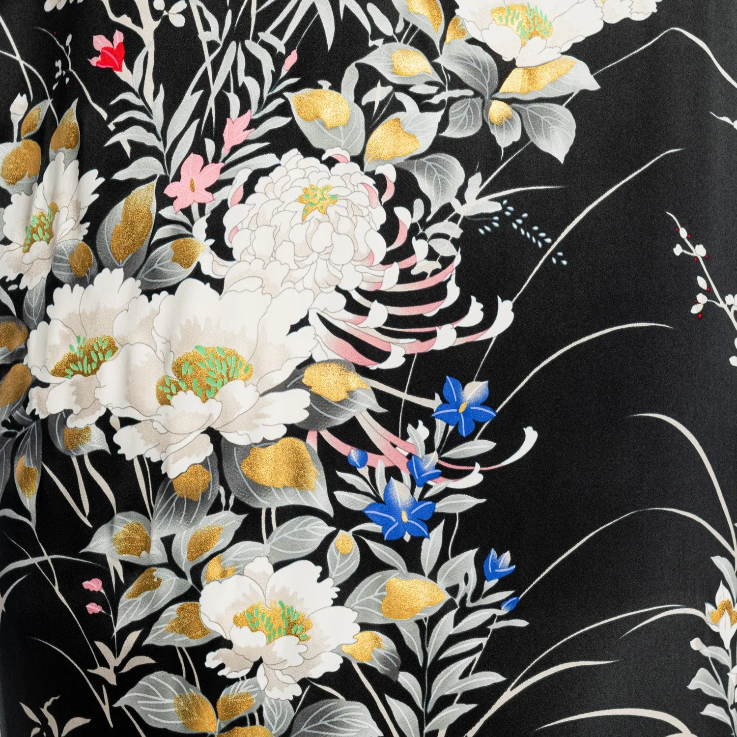 Japanese Silk Kimono Floral Print Long Black