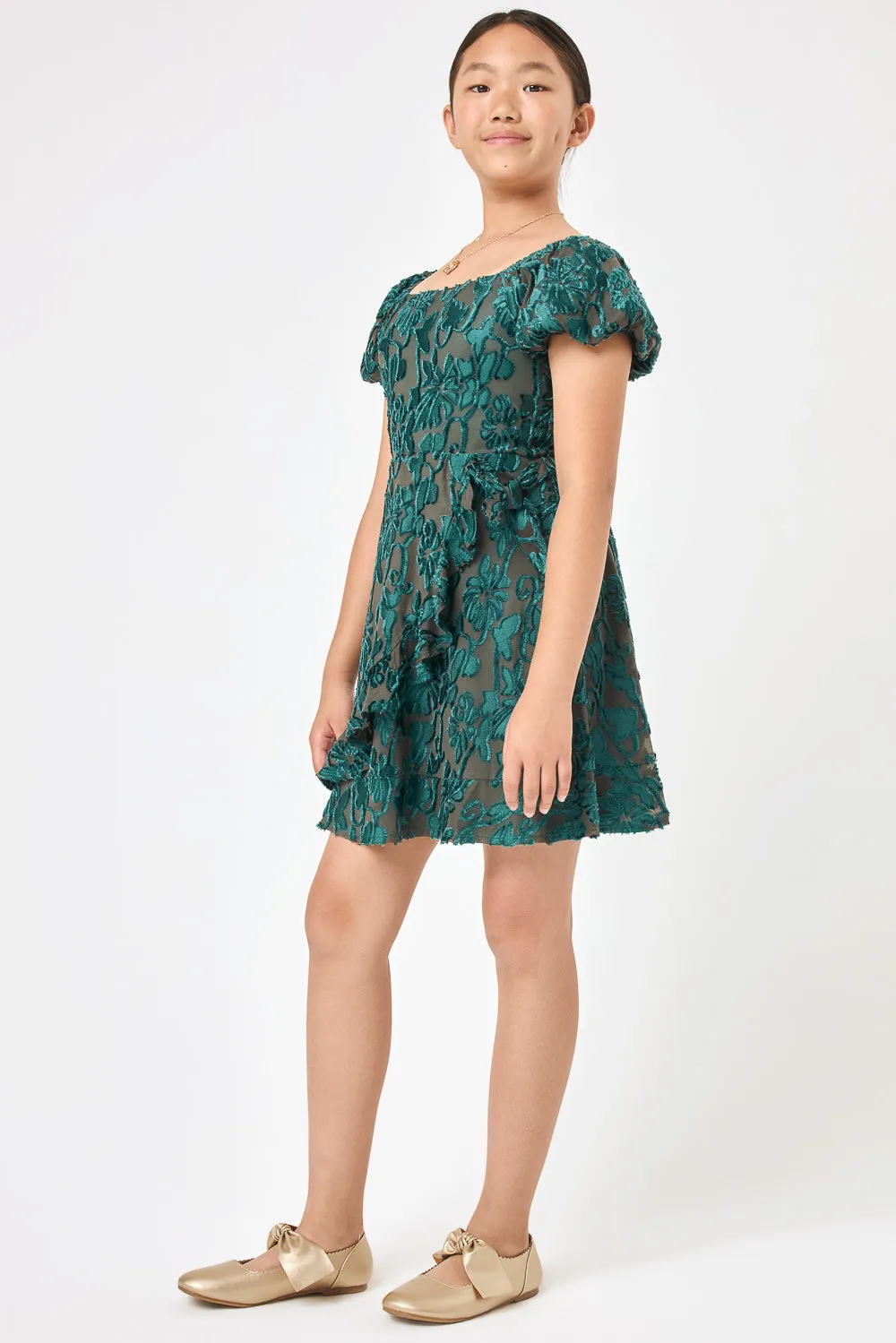 Kids Dark Teal Burnout Velvet Wrap Dress