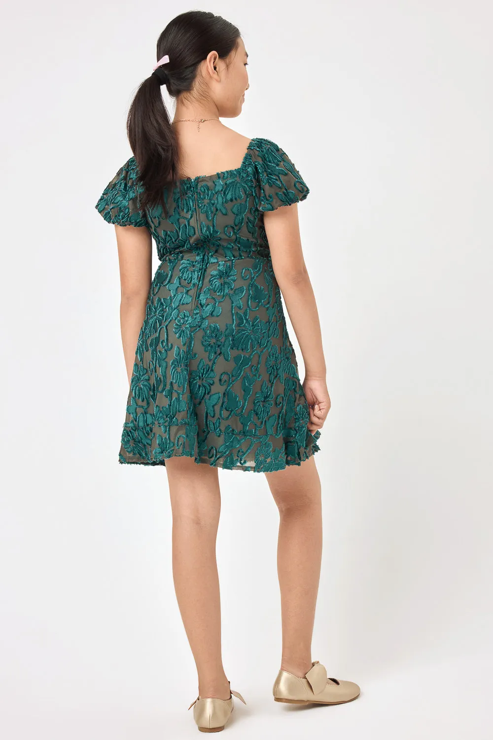 Kids Dark Teal Burnout Velvet Wrap Dress