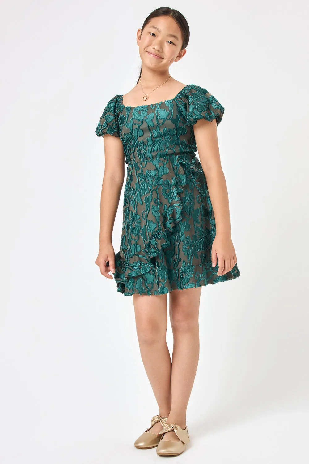 Kids Dark Teal Burnout Velvet Wrap Dress