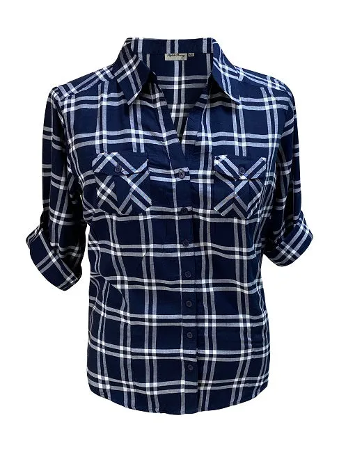 Ladies 3/4 Sleeve Roll Tab Rayon Plaid Shirt. Navy/White. Style# 1676