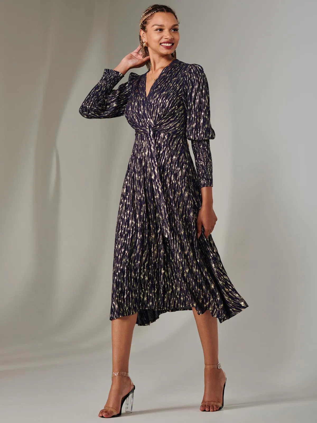 Layla Long Sleeve Metallic Wrap Dress, Navy/Gold