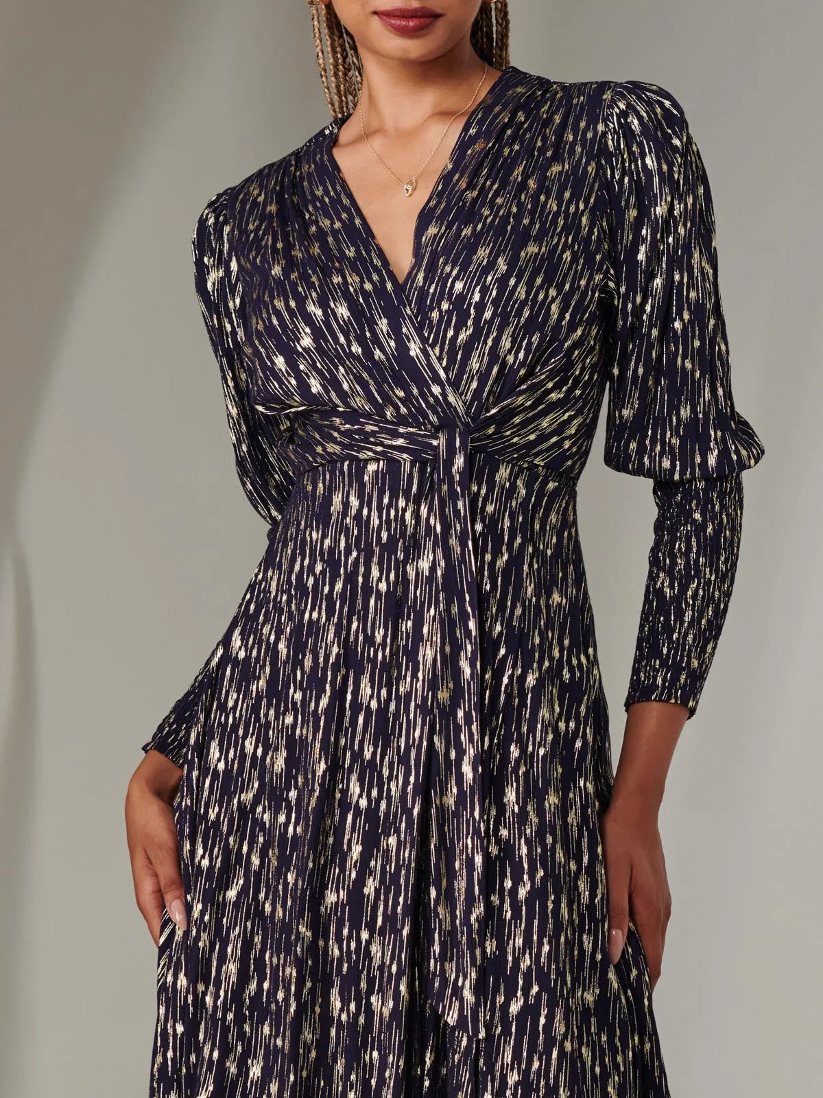 Layla Long Sleeve Metallic Wrap Dress, Navy/Gold