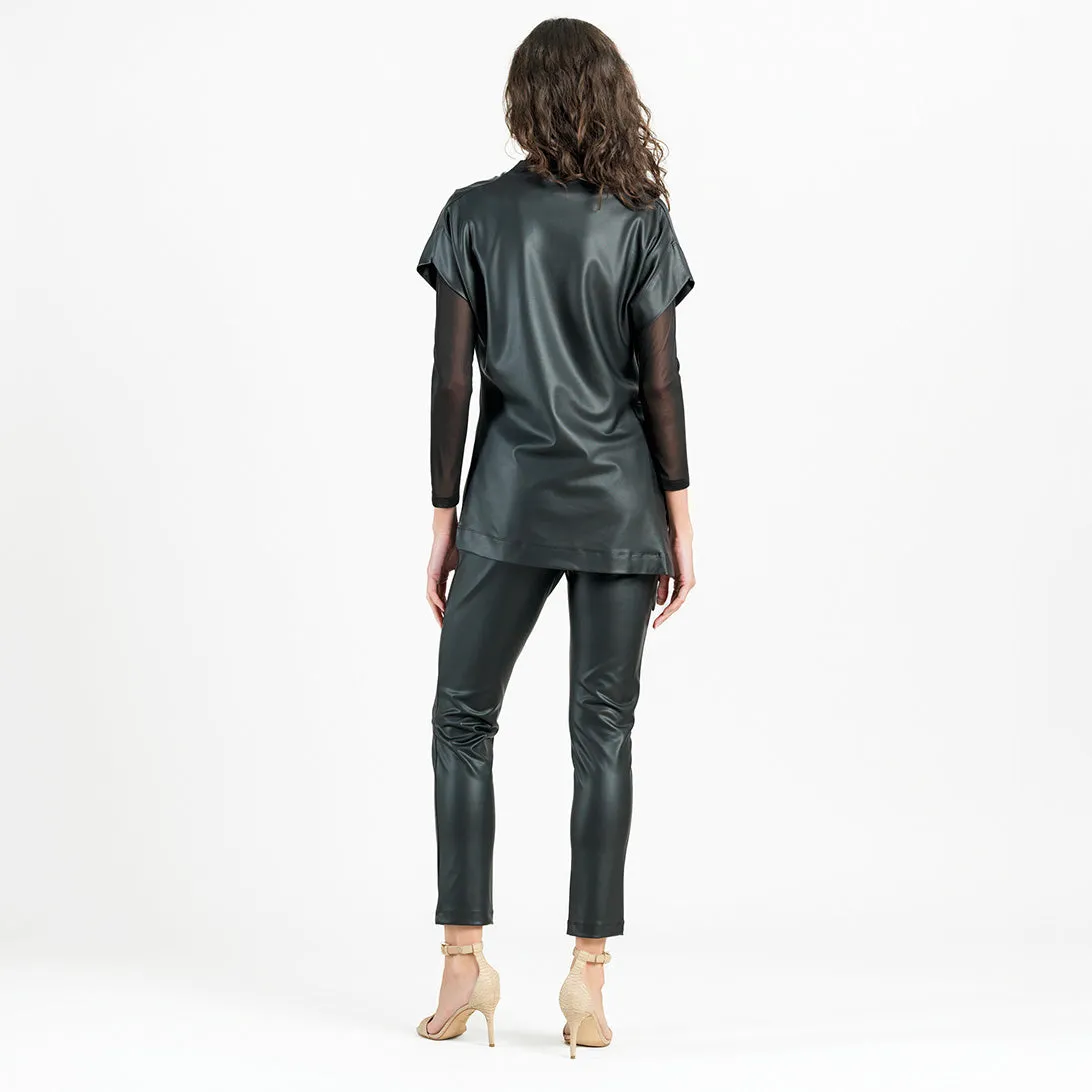 Liquid Leather™ - Funnel Neck Side Vent Tie Tunic - Black - Final Sale!