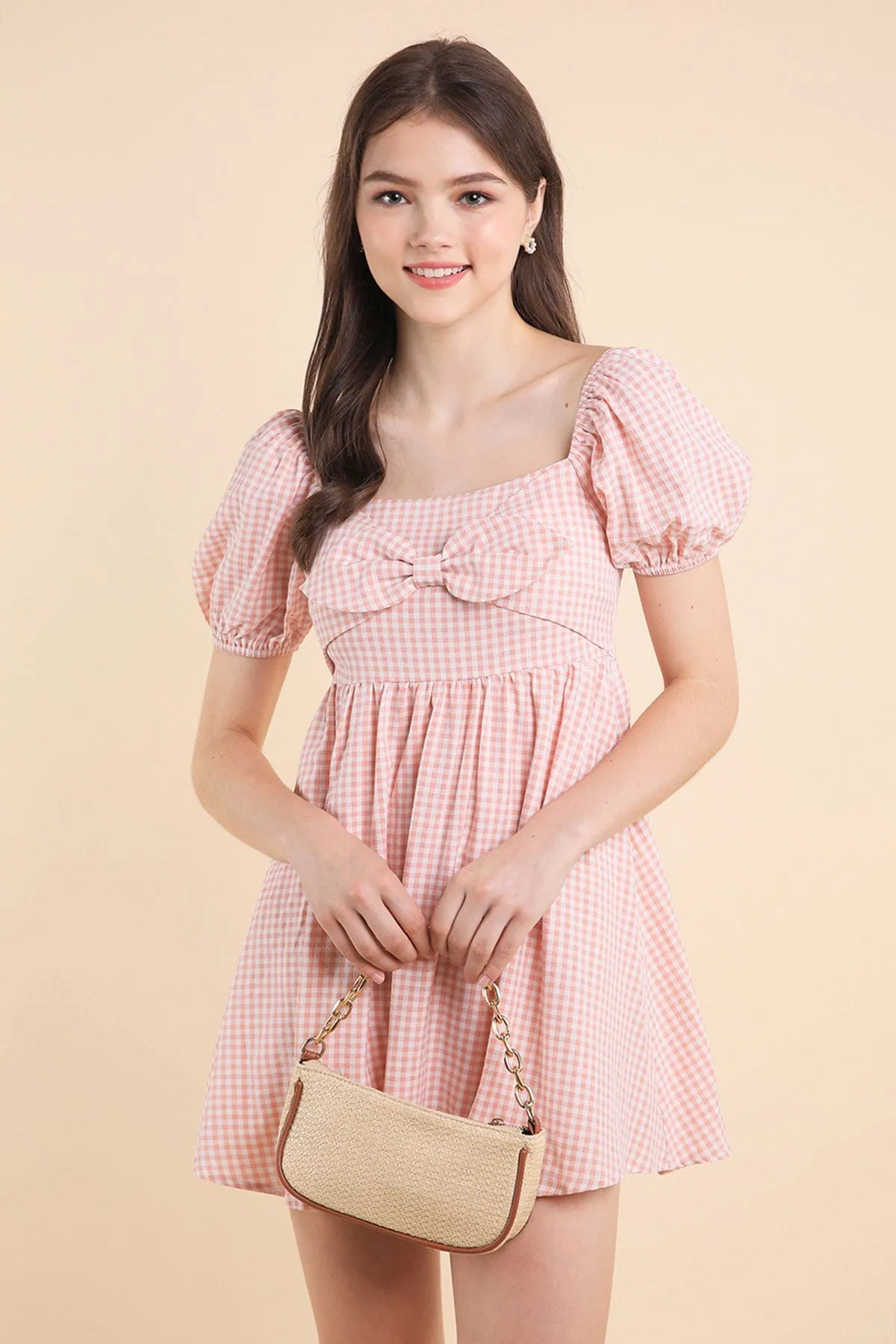 LOUISA BABYDOLL GINGHAM ROMPER DRESS IN PEACH PINK