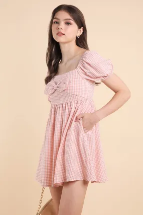 LOUISA BABYDOLL GINGHAM ROMPER DRESS IN PEACH PINK