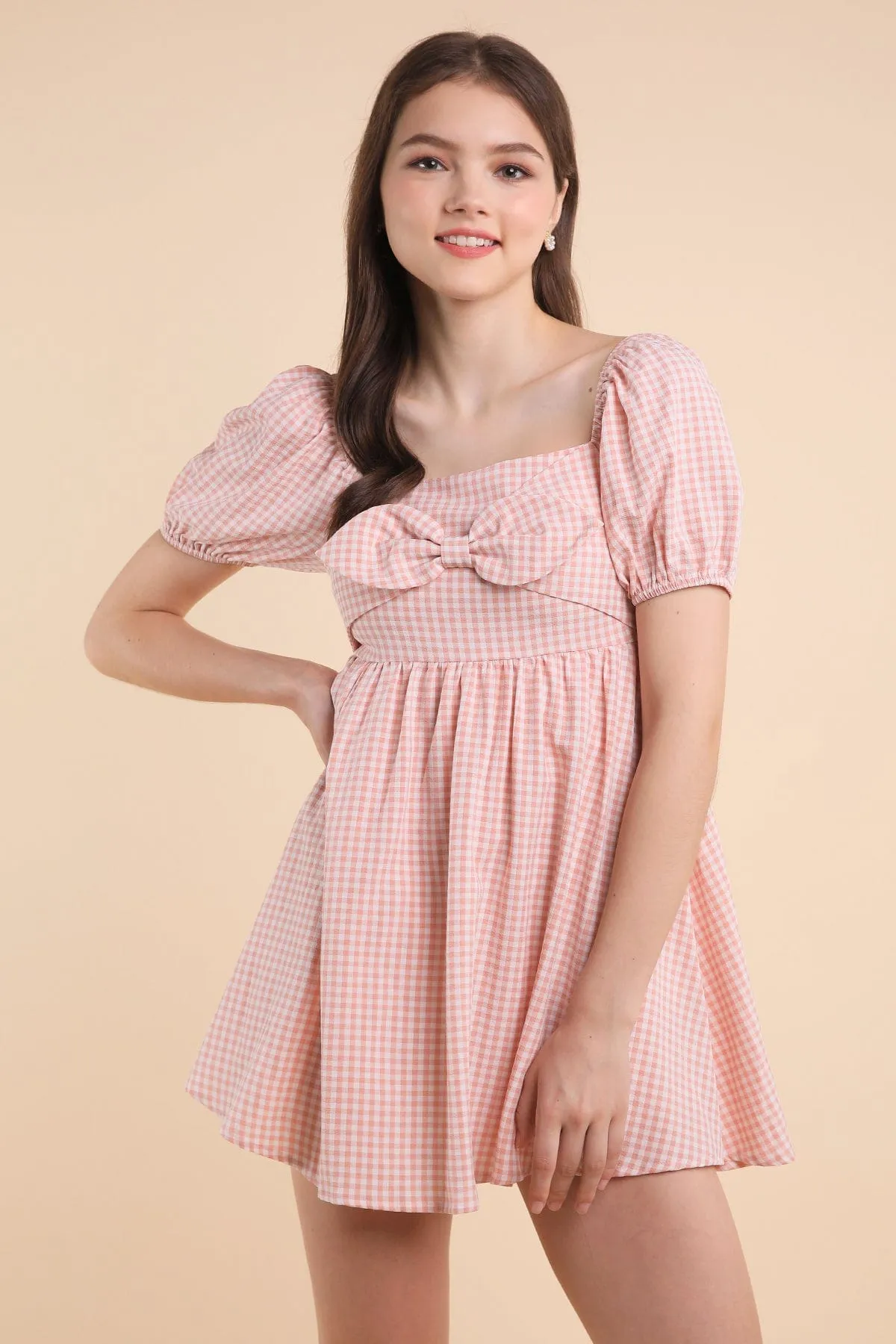 LOUISA BABYDOLL GINGHAM ROMPER DRESS IN PEACH PINK