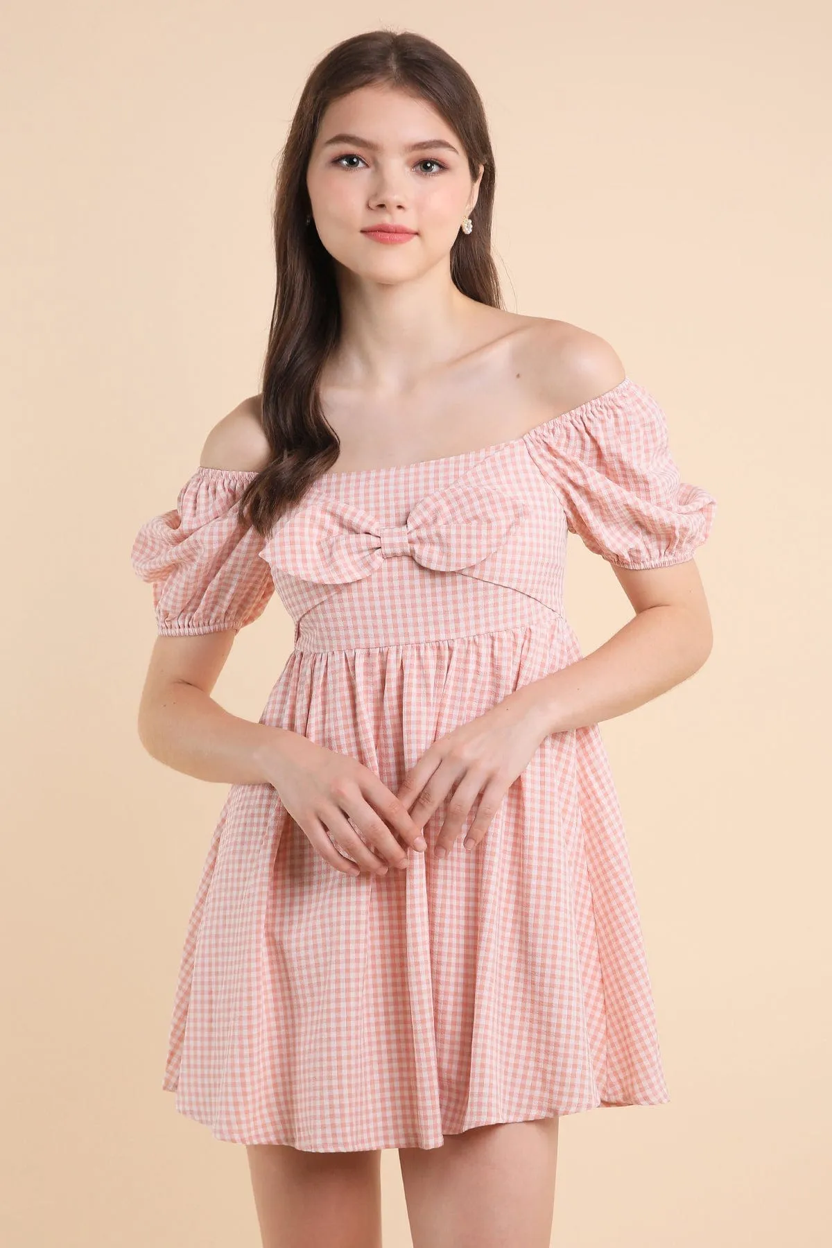 LOUISA BABYDOLL GINGHAM ROMPER DRESS IN PEACH PINK