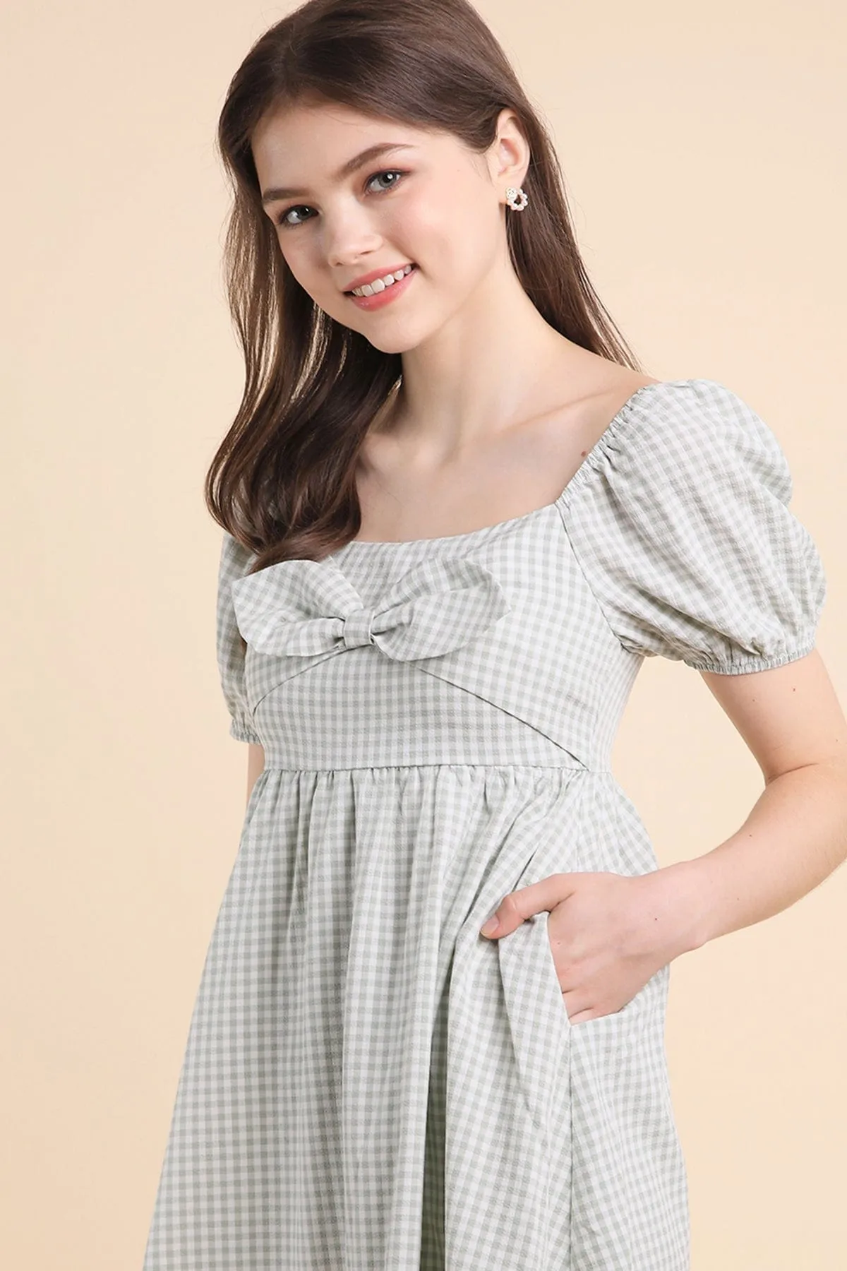 LOUISA BABYDOLL GINGHAM ROMPER DRESS IN WILLOW GREEN