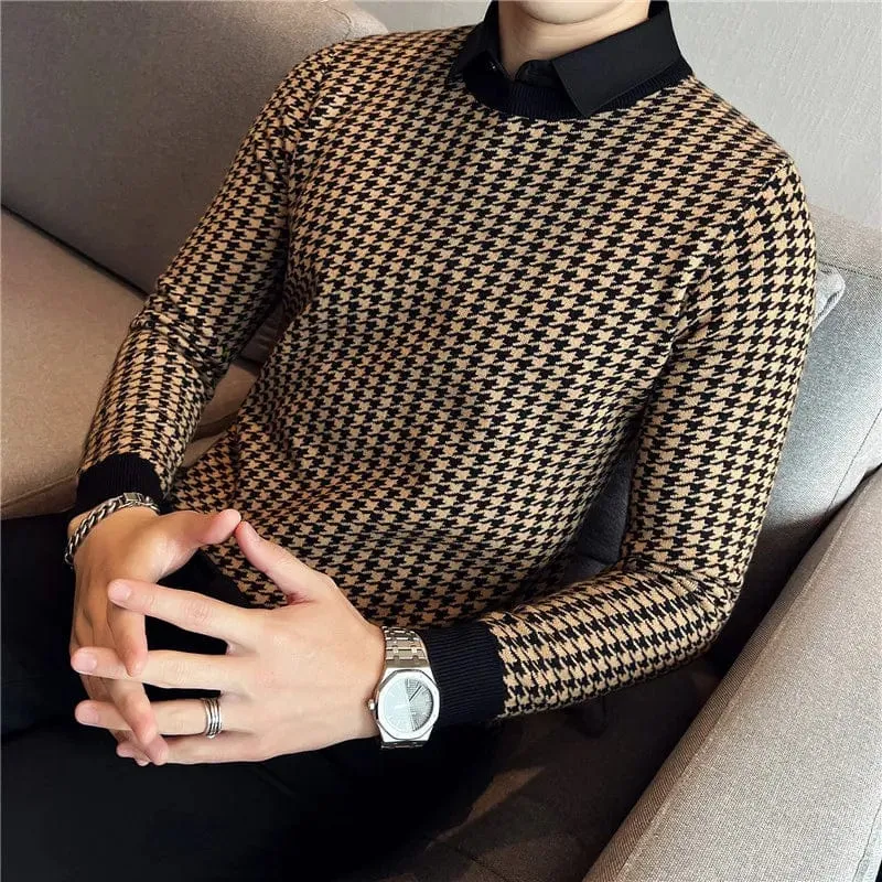 Luxury Men's Thermal Knit Sweater Slim Fit High Quality Shirt Collar Pullover