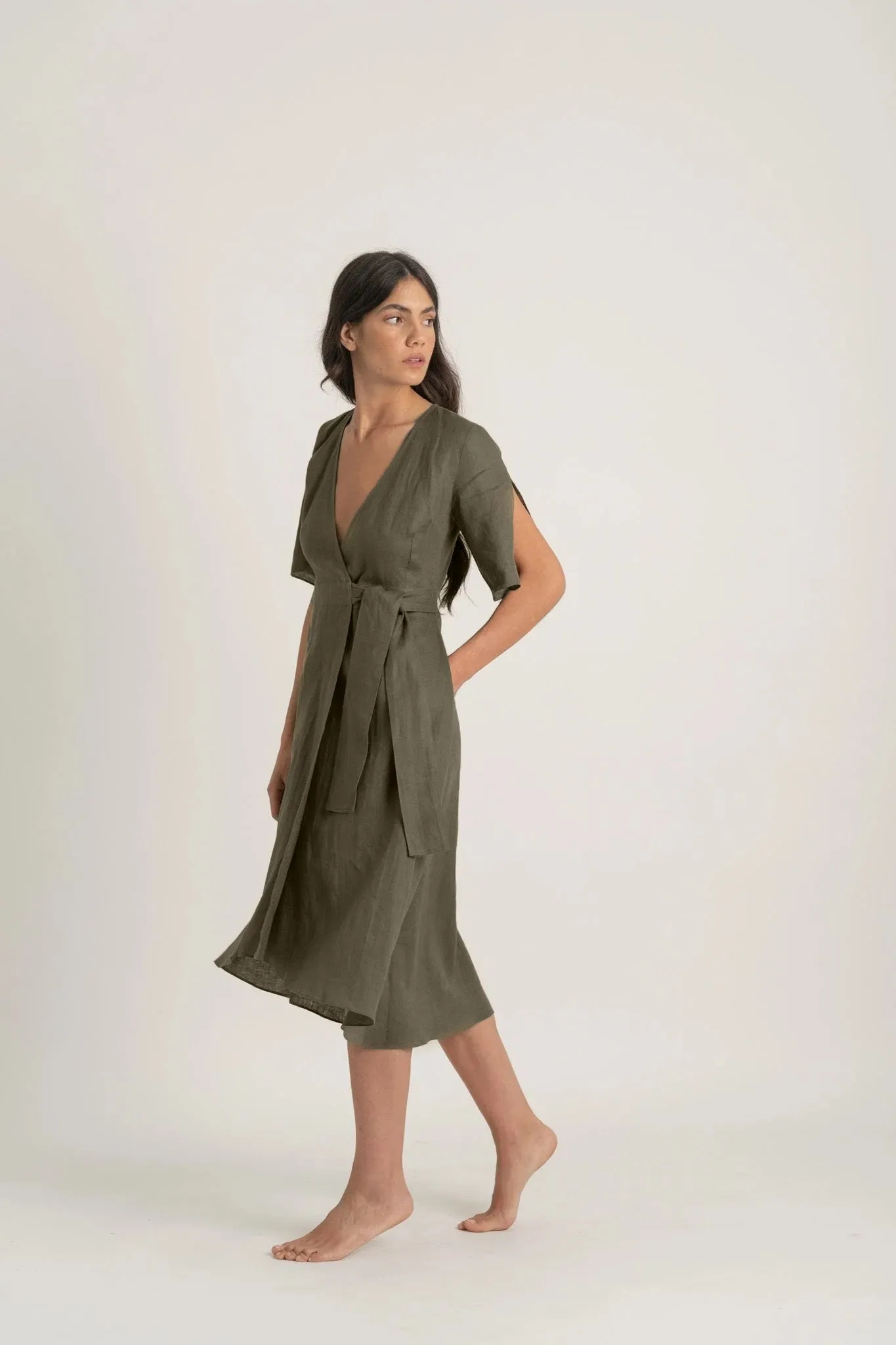 Meraki Linen Wrap Dress Khaki