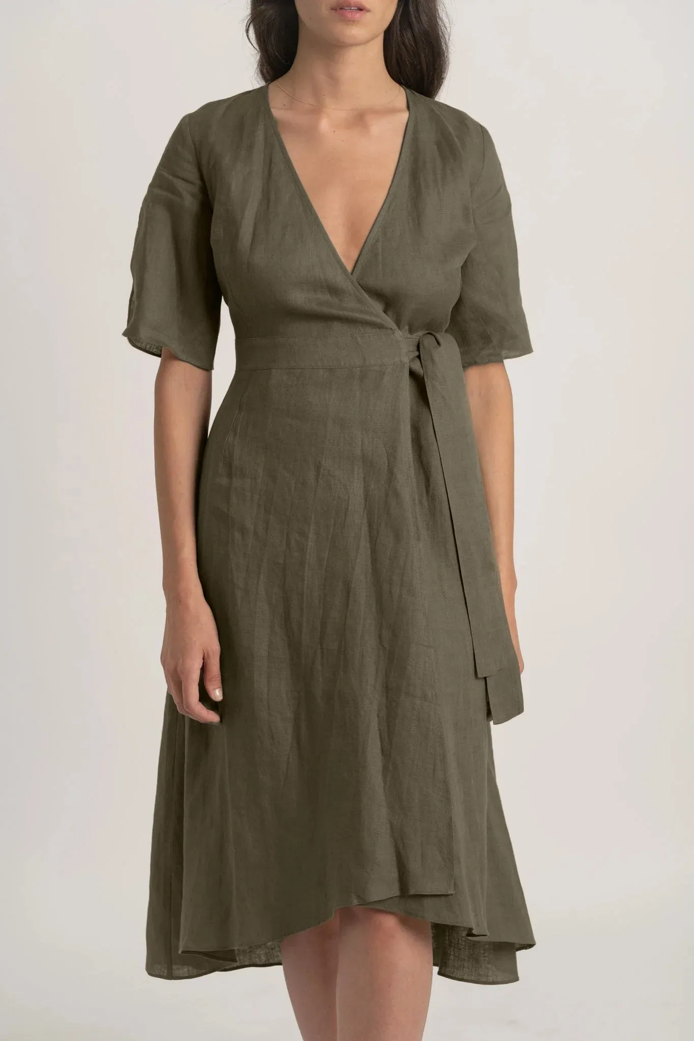 Meraki Linen Wrap Dress Khaki