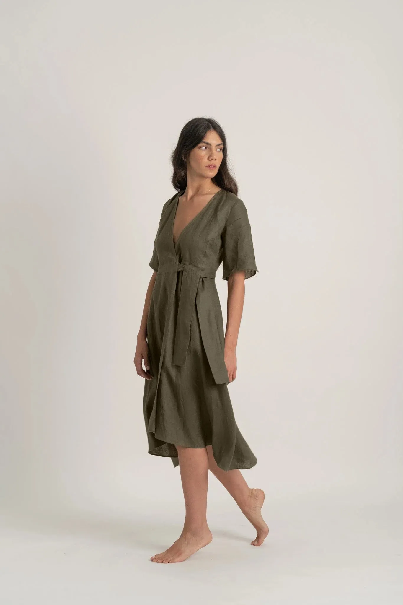 Meraki Linen Wrap Dress Khaki