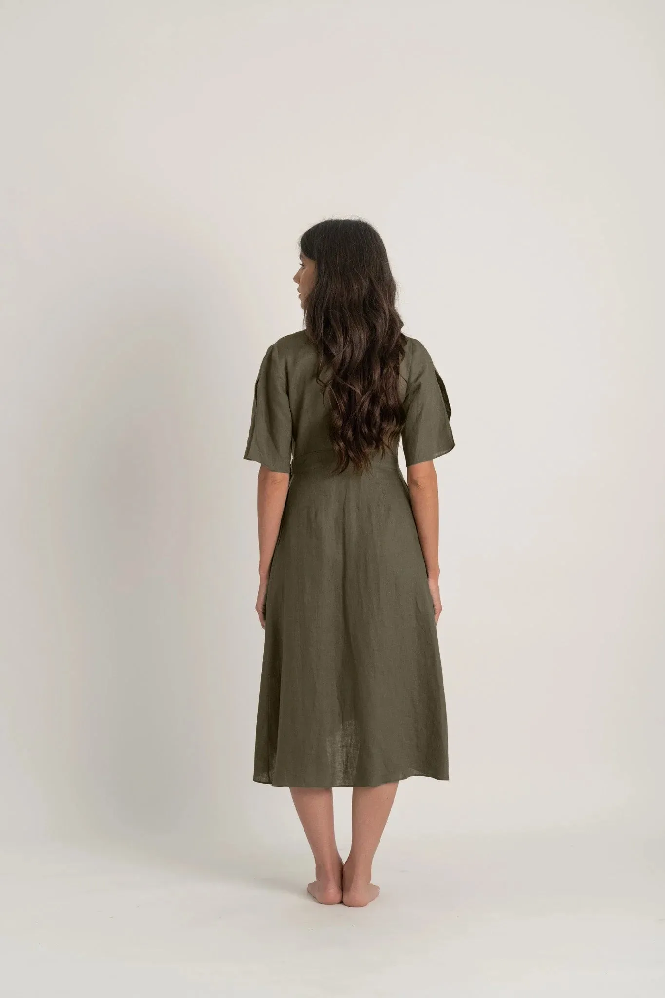 Meraki Linen Wrap Dress Khaki