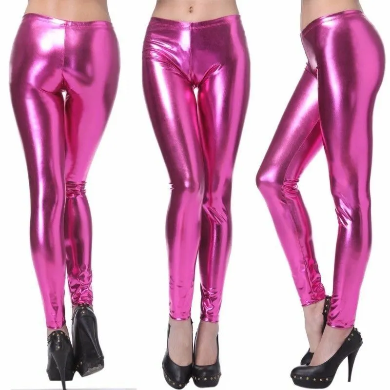 Metallic Leggings Shiny Neon Stretch Sexy Party Costume Fancy Dress Silver Gold