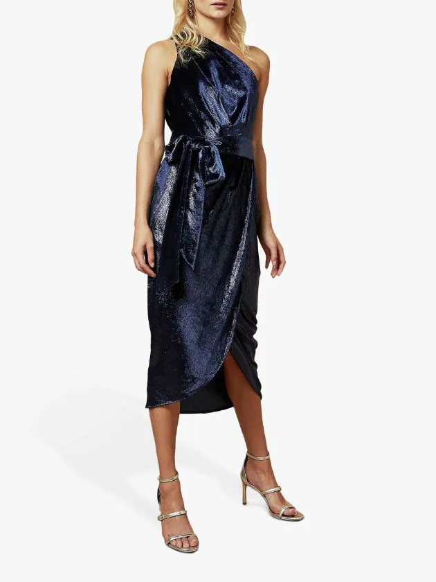 Metallic One Shoulder Velvet Midi Dress