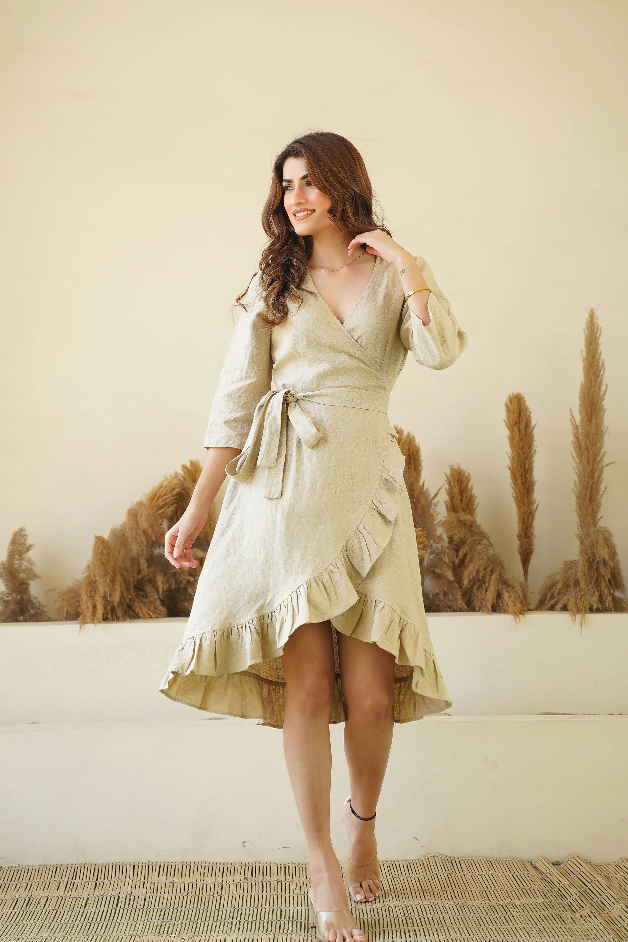 Natural Linen Wrap Dress with Frills & Waist Belt | Long Sleeve Linen Midi Dress with Pockets