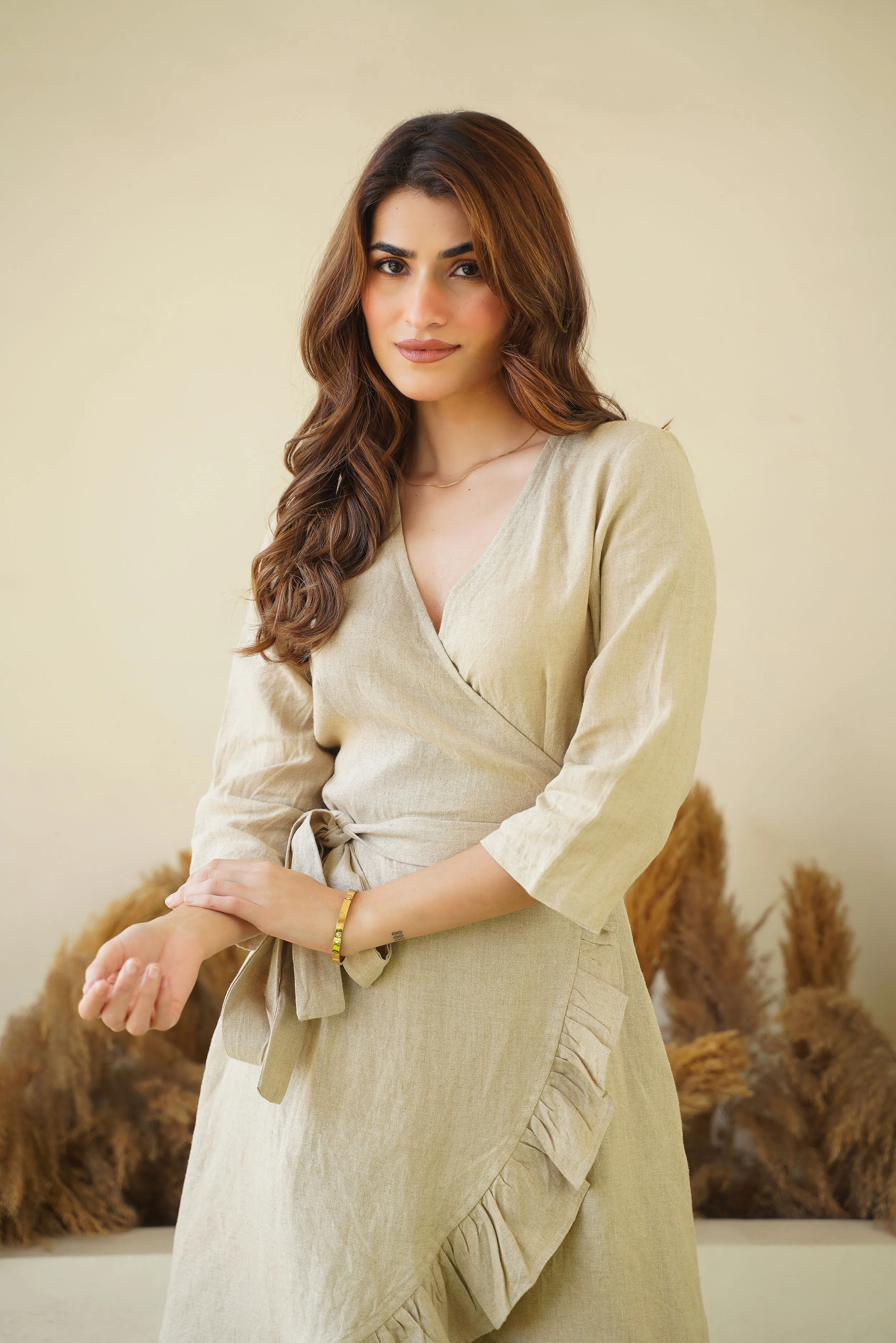 Natural Linen Wrap Dress with Frills & Waist Belt | Long Sleeve Linen Midi Dress with Pockets