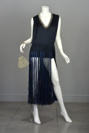 Navy Blue Satin Fringe Flapper Tunic Dress