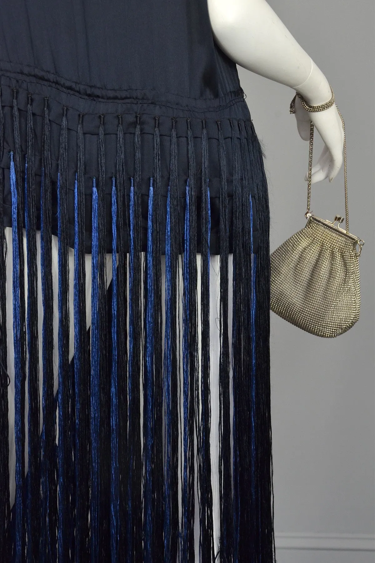 Navy Blue Satin Fringe Flapper Tunic Dress