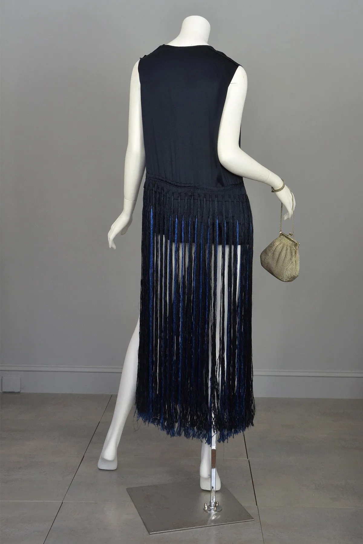 Navy Blue Satin Fringe Flapper Tunic Dress