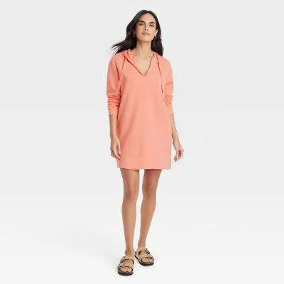 New - Universal Thread Women's Fleece Tunic Hooded Dress Long Sleeve, Coral Orange, M